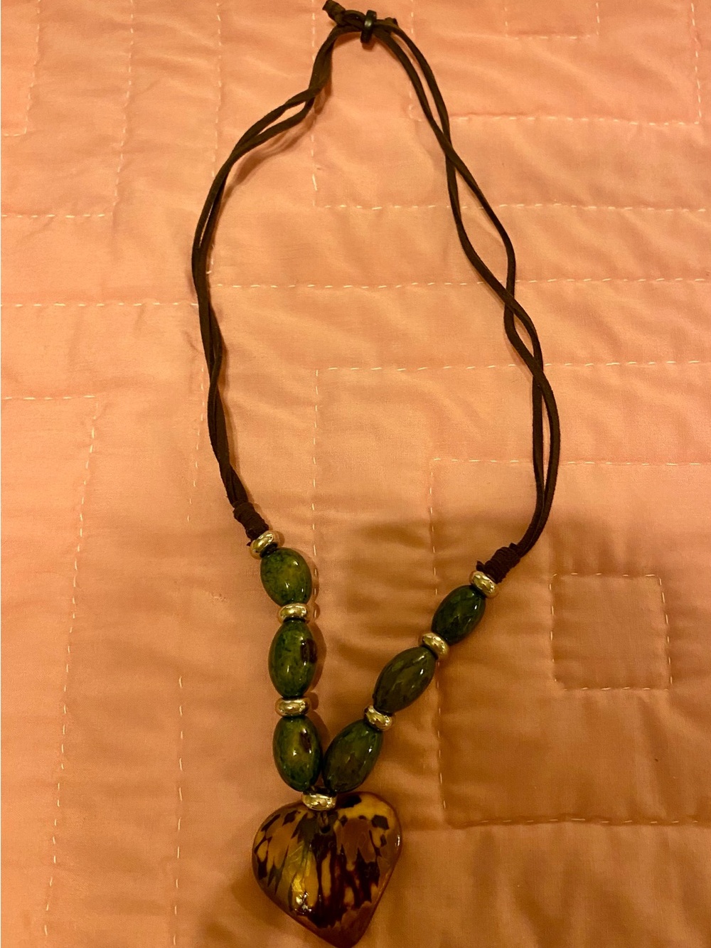 Handcrafted Green Bead Necklace with Heart Pendant